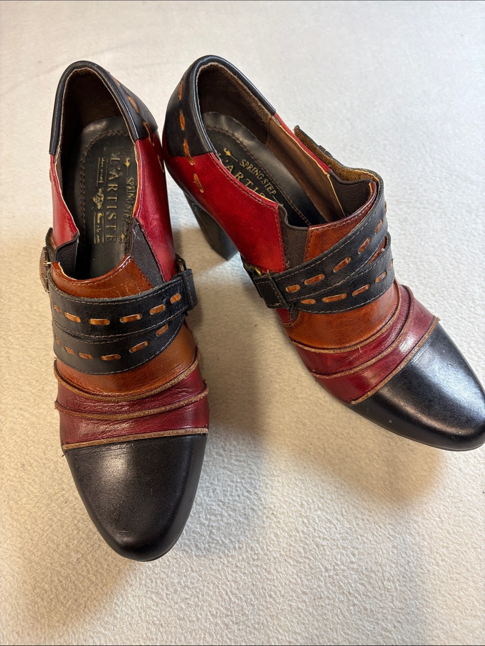 Spring Step Patchwork Leather Heels in Black, Red, Brown